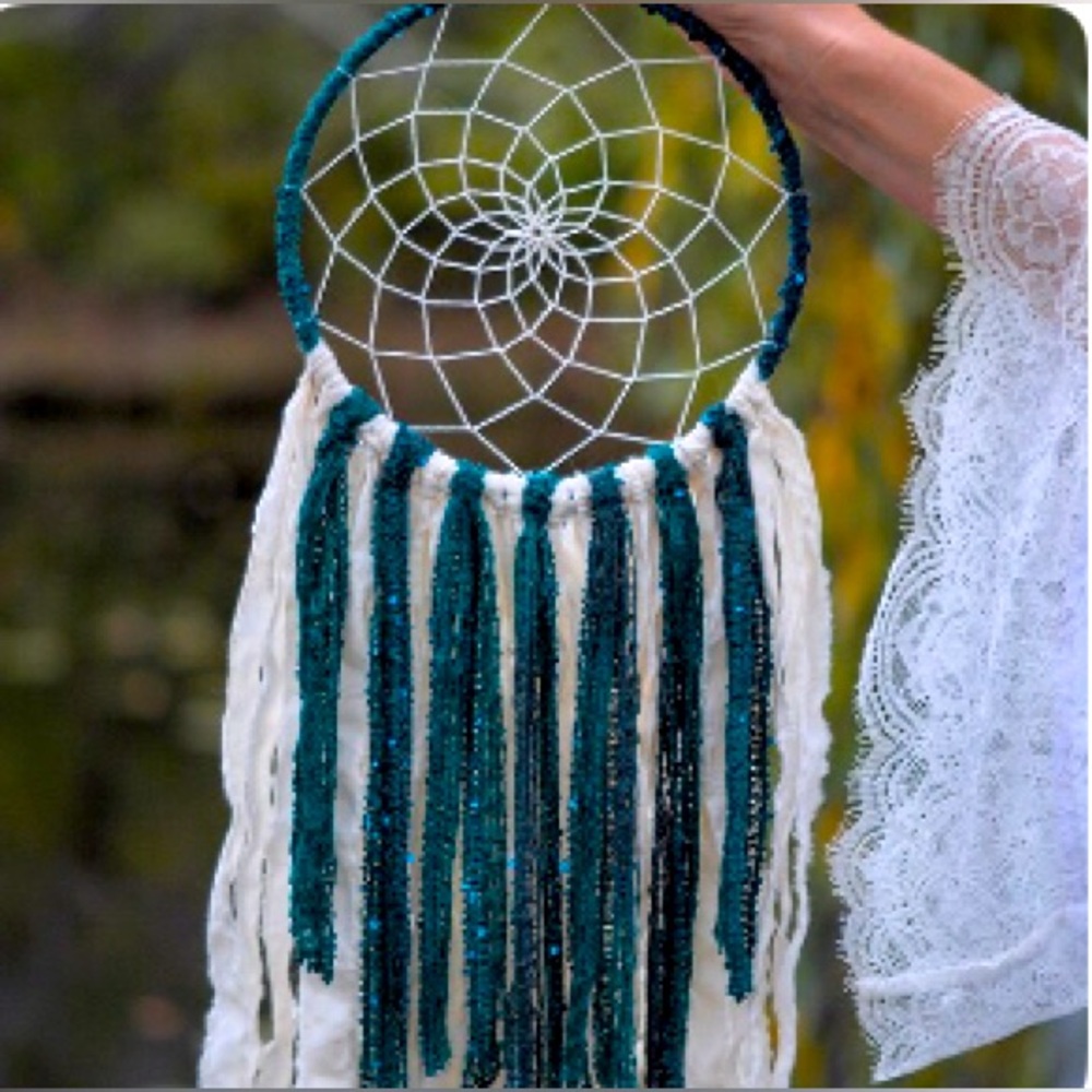 Gorgeous teal green with some shimmery blues and ivory handmade dream catcher!!